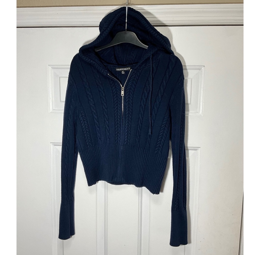 Harper & Ivy Navy Blue Cable Knit Zip Up Cropped Hoodie Sweater XL